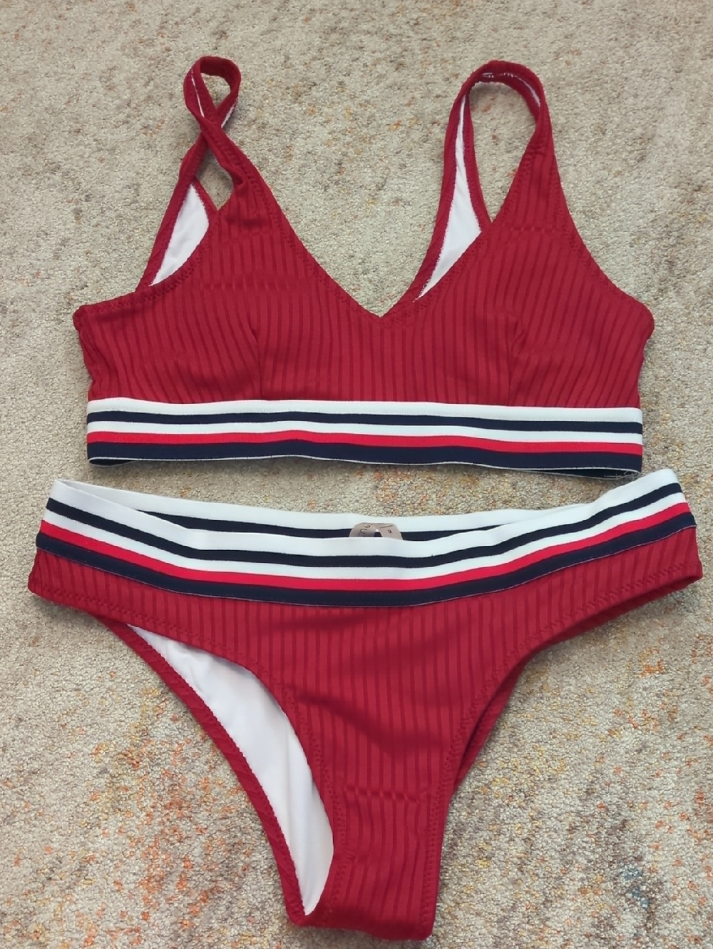 USA🇺🇸 Ribbed Red Bikini Set with Striped Band